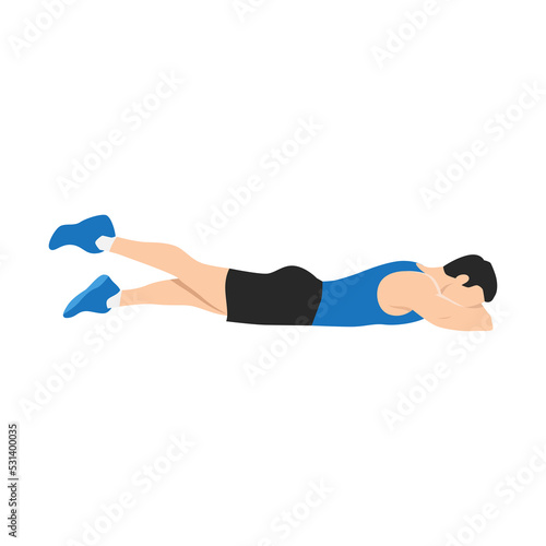Man doing Prone or lying leg lifts exercise. Flat vector illustration isolated on white background