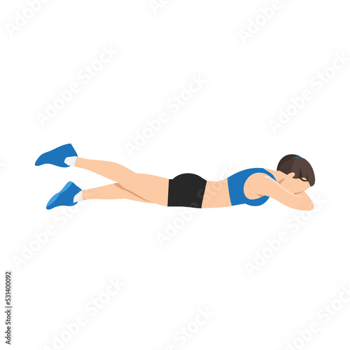 Woman doing Prone or lying leg lifts exercise. Flat vector illustration isolated on white background
