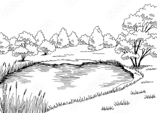 Pond graphic black white landscape sketch illustration vector 
