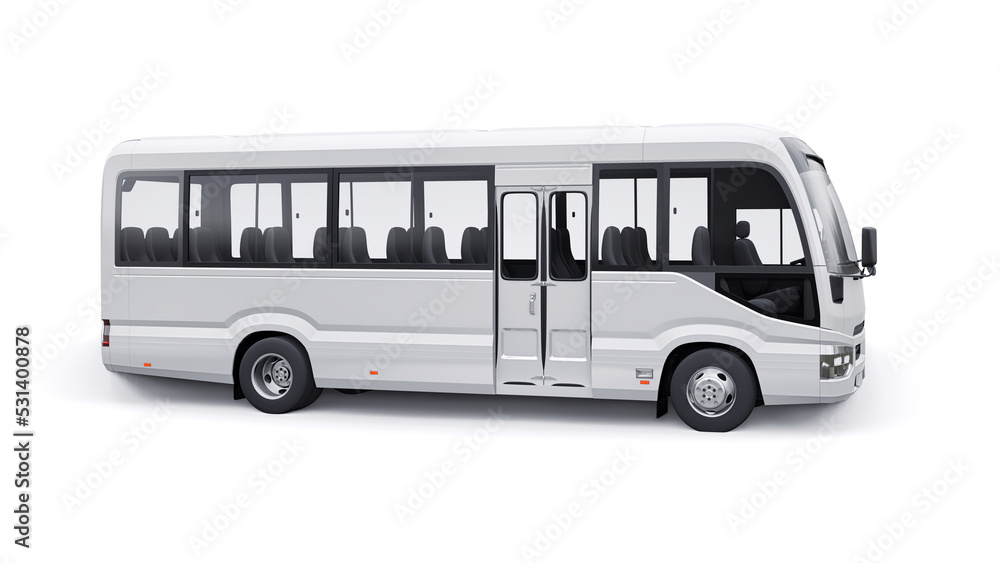 White Small bus for urban and suburban for travel. Car with empty body for design and advertising. 3d illustration
