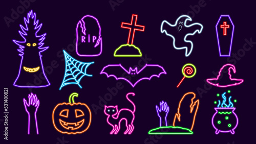 Neon holiday halloween set. Sinister purple bat and ghosts with gloomy dead trees. Dead mens hands sticking out of green graves with cobwebs and festive vector sweets