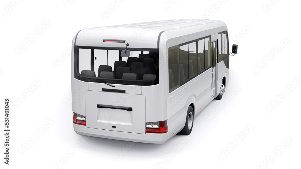 White Small bus for urban and suburban for travel. Car with empty body for design and advertising. 3d illustration