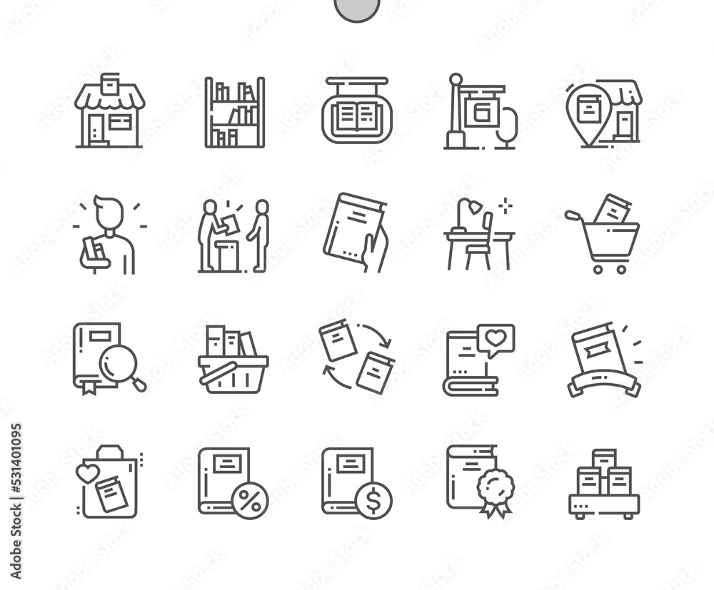 Bookstore. Library location point. Discount and buy book. Education. Pixel Perfect Vector Thin Line Icons. Simple Minimal Pictogram