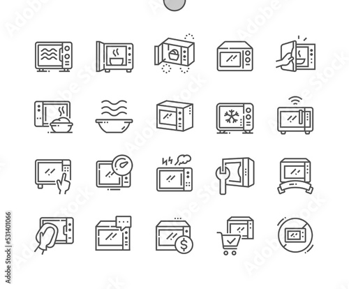 Microwave. Defrosting and heating food. Buy, price and reviews. Kitchen. Pixel Perfect Vector Thin Line Icons. Simple Minimal Pictogram