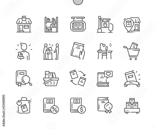 Bookstore. Library location point. Discount and buy book. Education. Pixel Perfect Vector Thin Line Icons. Simple Minimal Pictogram