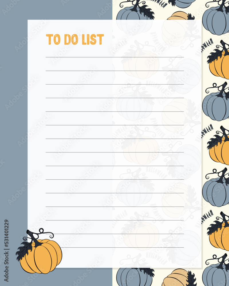 To Do List Notes template, lined paper with Halloween Pumpkin pattern hand drawn. Reminders, blank, planners. Vector illustration