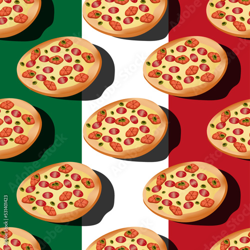 Seamless pattern with Italian pizza on italian flag background with shadow. Pepperoni pizza with olives and tomato slice. Print for the pizzeria's advertising banner. 