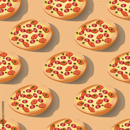 Seamless pattern with Italian pizza on beige background with shadow. Pepperoni pizza with olives and tomato slices. Print for the pizzeria's advertising banner. 