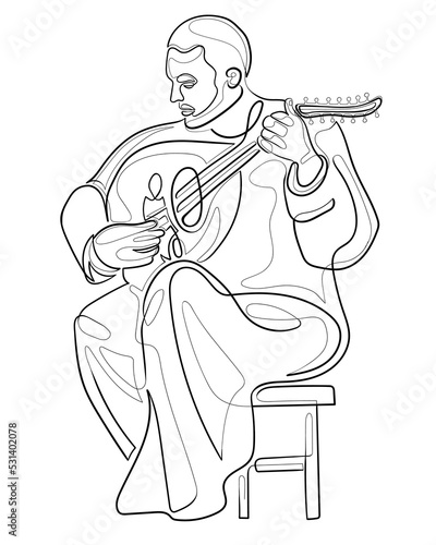 Arabic oud player. One line drawing man playing the oud instrument. Continuous line musician vector illustration