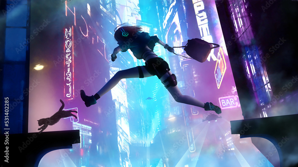 Obraz premium A brave young teenage girl with a briefcase jumps over the chasm between two creatures while running away from a chase with a cat in the dazzlingly bright neon city of the future. 2d action anime art
