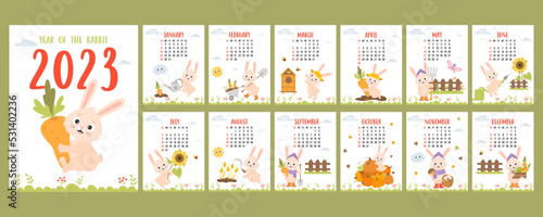 calendar 2023 with cute bunny farmer gardener. Printable planner, organizer 12 vertical monthly page templates and cover. Vector illustration. Week from Sunday in English. mascot year rabbit