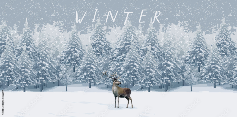 Winter forest and deer animal. Vector illustrations of winter, snowy ...