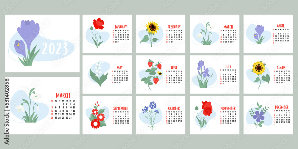 Floral calendar 2023. Flowers snowdrops, lily of the valley, poppy, sunflower, irises, crocuses and mallows. Horizontal template 12 pages and cover in English. Vector illustration. Week from Sunday
