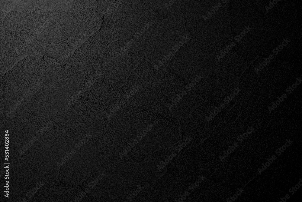 Black wall texture, rough background, dark concrete floor plaster wall background with black paint.