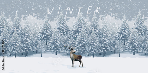 Winter forest and  deer animal. Vector illustrations of winter, snowy trees,
 snow for banner, postcard or background