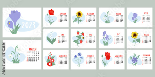 Floral calendar 2023. Flowers snowdrops  lily of the valley  poppy  sunflower  irises  crocuses and mallows. Horizontal template 12 pages and cover in English. Vector illustration. Week from Sunday