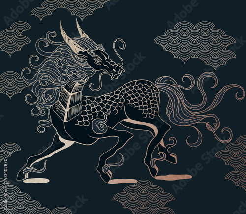 mythological creature - Dragon Horse, dark blue and gold colours, simple wave pattern 