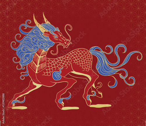 mythological creature - qilin, blue, red and gold colours, simple wave pattern 