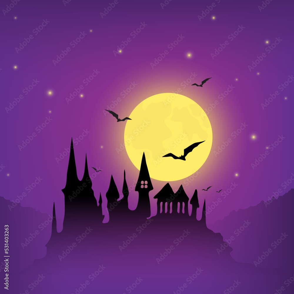 Vector illustration for Halloween. Night landscape with dark purple starry sky, forest, abandoned black castle, full bright yellow moon and bats