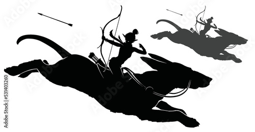 A black silhouette of a girl riding a huge fighting dog in a dynamic jumping pose, she is an elf shooting a bow behind her back. 2d vector art