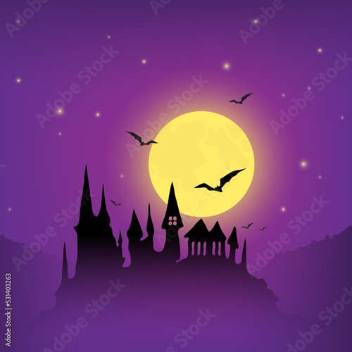 Vector illustration for Halloween. Night landscape with dark purple starry sky, forest, abandoned black castle, full bright yellow moon and bats