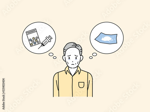 薬物依存症の中年の男性　薬物中毒　薬　病気　イラスト