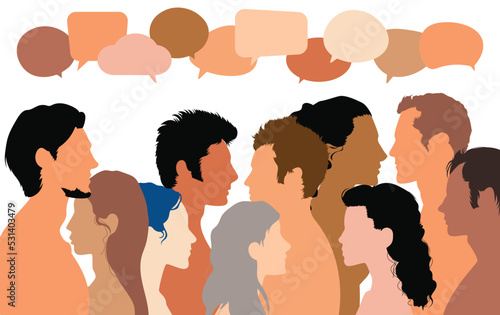 The communication of multiethnic people. Crowd talking. Information and ideas sharing. Vector cartoon. A group of people speaking and discussing. Speech bubbles and dialogue. A group of families.