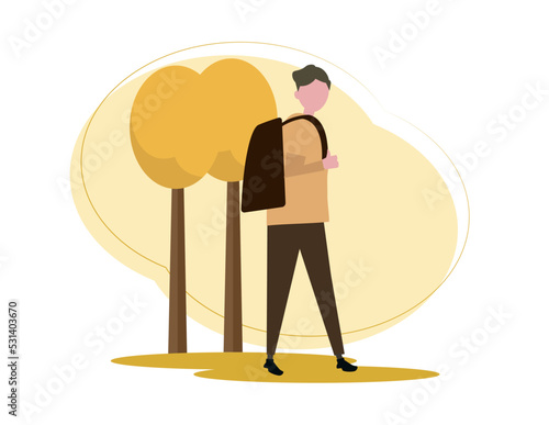 秋の紅葉とリュックを担ぐ男性。ベクターイラスト