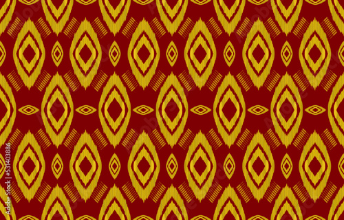 Abstract ethnic ikat geometric seamless pattern. Aztec native tribal fabric golden color on dark reddish brown background. Vector design for texture, textile, clothing, wallpaper, carpet, embroidery. 