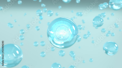 3D rendering Cosmetics Serum bubbles on defocus background. Miracle bubble design for cosmetics. Transparent balls, holographic liquid blobs floating in space, and artistic bubbles.