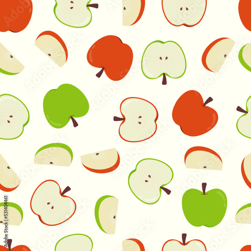 Seamless pattern of fresh red and green apple slices on white background. For food background or fruit illustration.