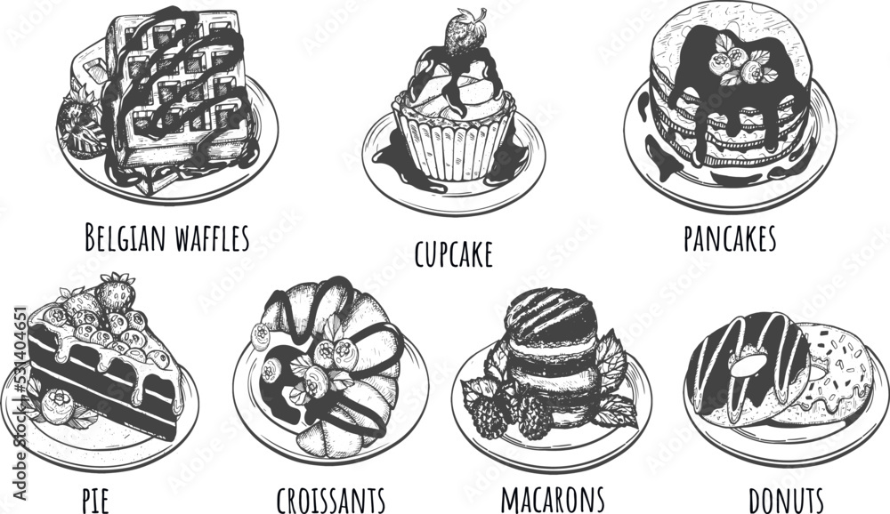 dessert set vector sketch. sweet menu vector chalk on white background. blueberry pancakes, donuts, cupcakes, pie, Belgian waffles, croissants, macarons vector set sketch.