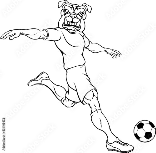 A bulldog soccer football player cartoon animal sports mascot kicking the ball