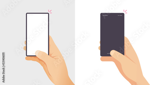Hand cell phone blank screen cellphone vector isolated, man holding cellphone smartphone empty template mockup illustrated on white background, person using telephone graphic showing display image