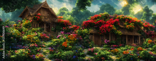Artistic concept painting of a beautiful garden with house  background illustration.