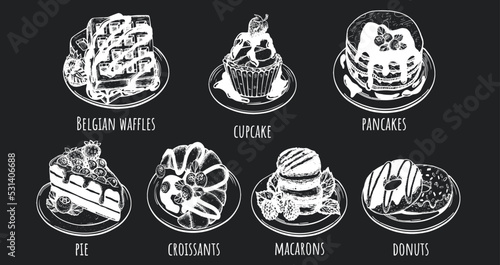 dessert menu vector chalk on black background. 
sweet set vector sketch on black background