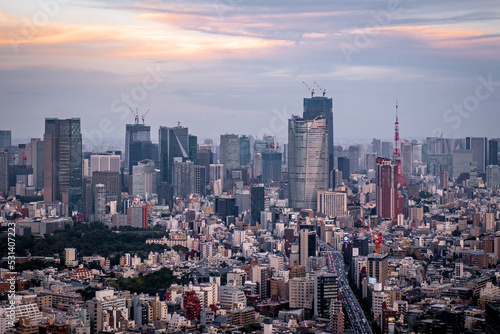 Panoramic sky view of the Tokyo skyline during a warm sunset