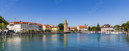 Panoramic view of the city of Lindau, Bodensee, Germany, with the Mangturm tower in the middle