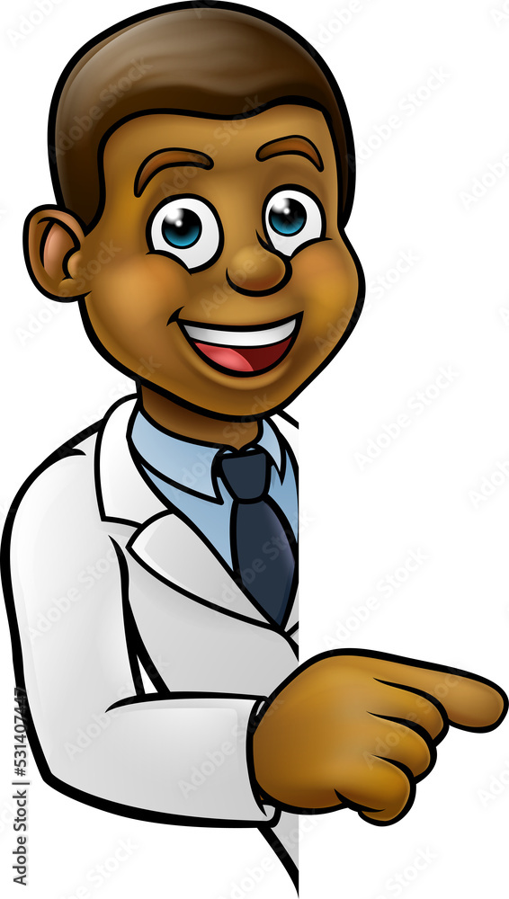 Scientist Cartoon Character Pointing at Sign Scientist Cartoon Character Pointing at Sign