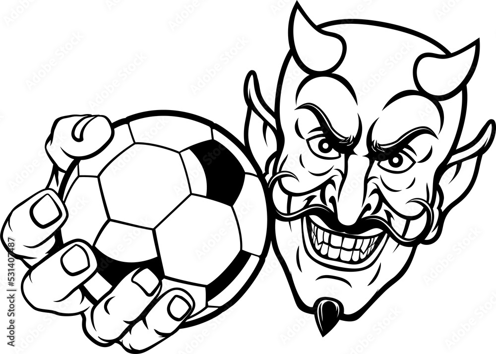 Obraz premium A devil or satan soccer football sports mascot cartoon character holding a ball