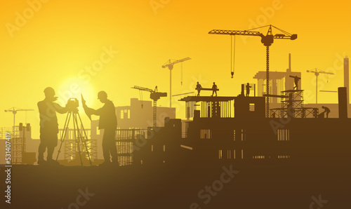 Silhouette building construction site with a tower crane and engineer and workers.Vector illustration