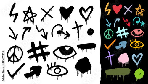 Big collection of graffiti spray pattern. Colorful symbols, smile, hearts, dot and stroke with spray texture. Design elements black and colored for banner, decoration, poster, street art and ads.
