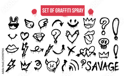 Big collection of graffiti spray pattern. Design symbols, crown, thunder, devil, skull, heart, arrow, etc. with spray texture. Elements on white background for banner, decoration, street art and ads. photo