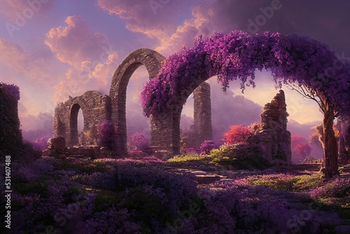 Fairytale garden with stone arch and lilacs. Fantasy landscape, lilac bushes, stone arch, portal, entrance, unreal world. 3D illustration