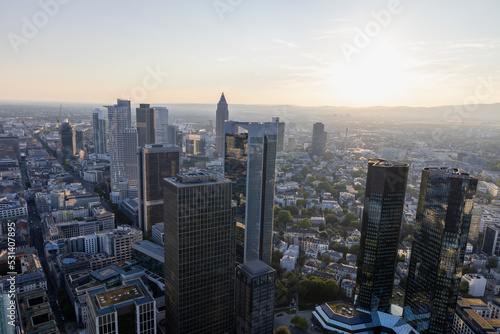 High angle view of the financial district in Frankfurt, Germany, with multiple skyscrapers, taken from the Main tower © Simon van Hemert