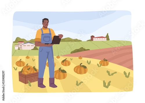 Farming and harvesting, management of crops and volume of export to sell. Man with laptop checking business innovations, pumpkings on field. Vector in flat style, flat cartoon character