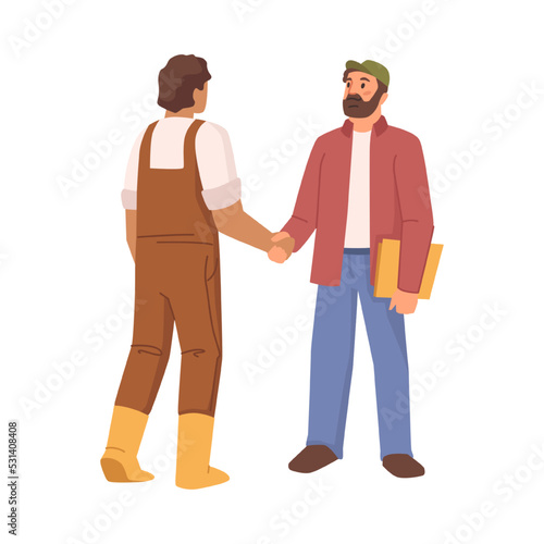 Agricultural business farmer dealing with investor or businessman. Agreement between partners, farming people managing process. Vector in flat style, flat cartoon character