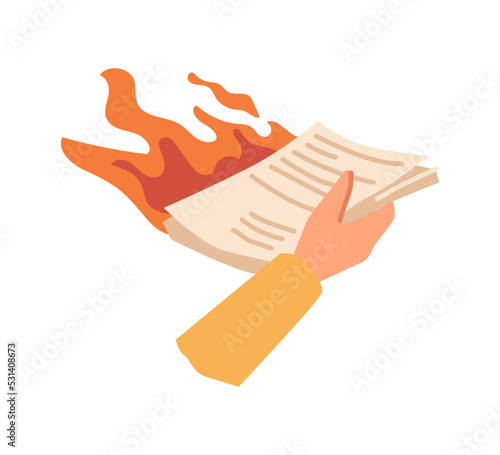 Urgent business project to complete, deadline of report. Isolated paper in fire, burning pages in hand. Working on problems and conflicts at work. Vector in flat style