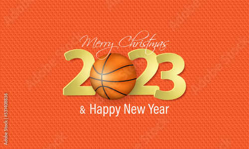 Basketball New Year 2023 greeting card with ball, decorative background and 3d headline.
