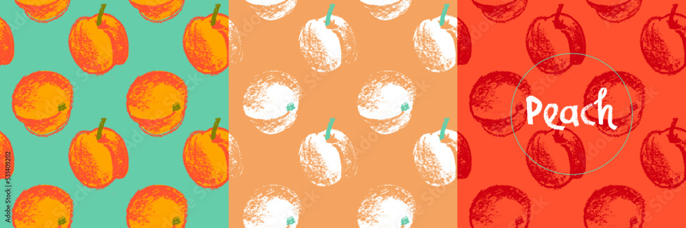 Peach seamless pattern. Vector nectarine wallpaper. Sketch art peach background for organic baby food label, yogurt packaging design, vegan banner, fruity ornament. Apricot backdrop for jam package. Peach seamless pattern. Vector nectarine wallpaper. Sketch art peach background for organic baby food label, yogurt packaging design, vegan banner, fruity ornament. Apricot backdrop for jam package.